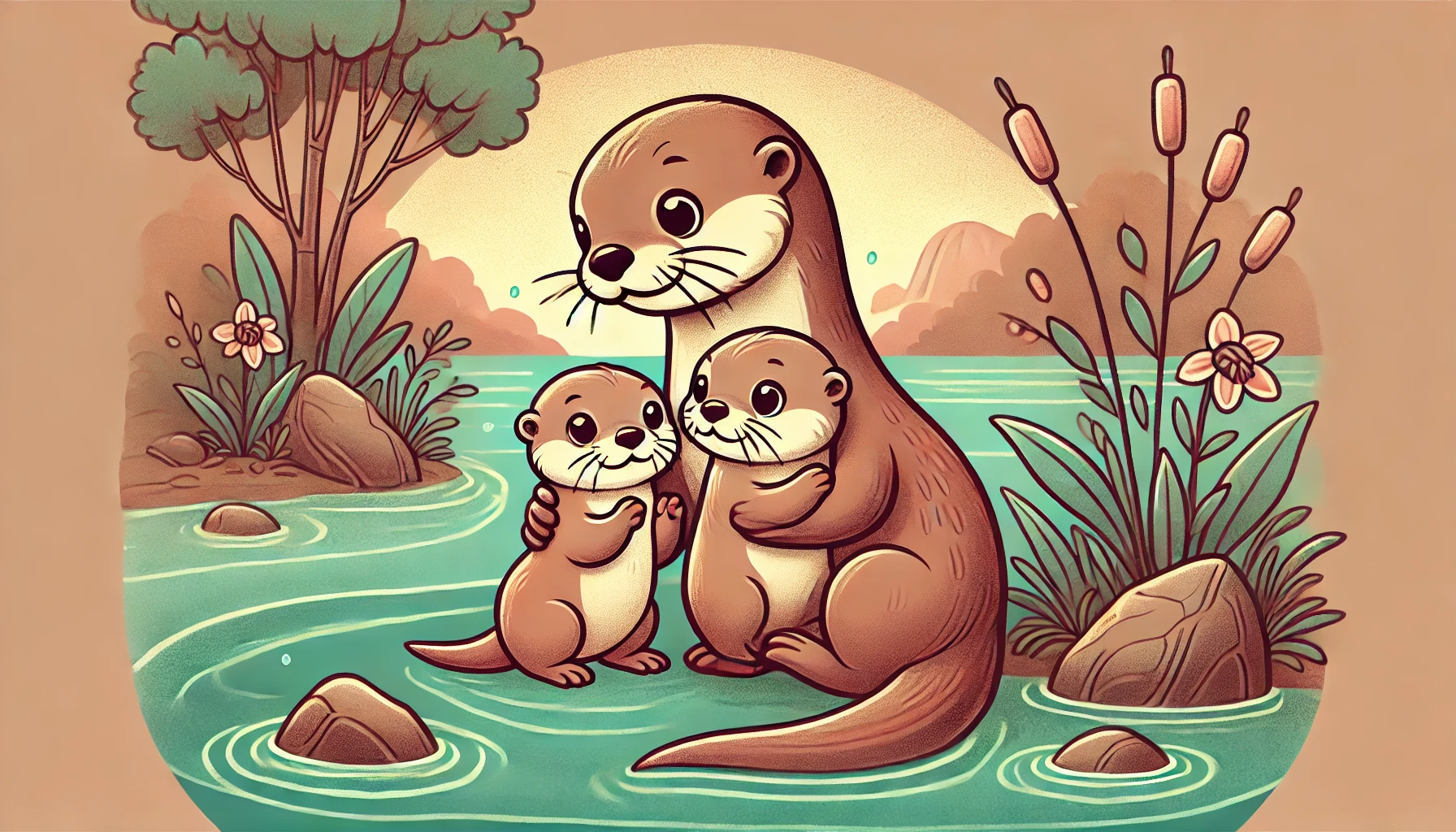A heartwarming illustration of a mother otter caring for her pups